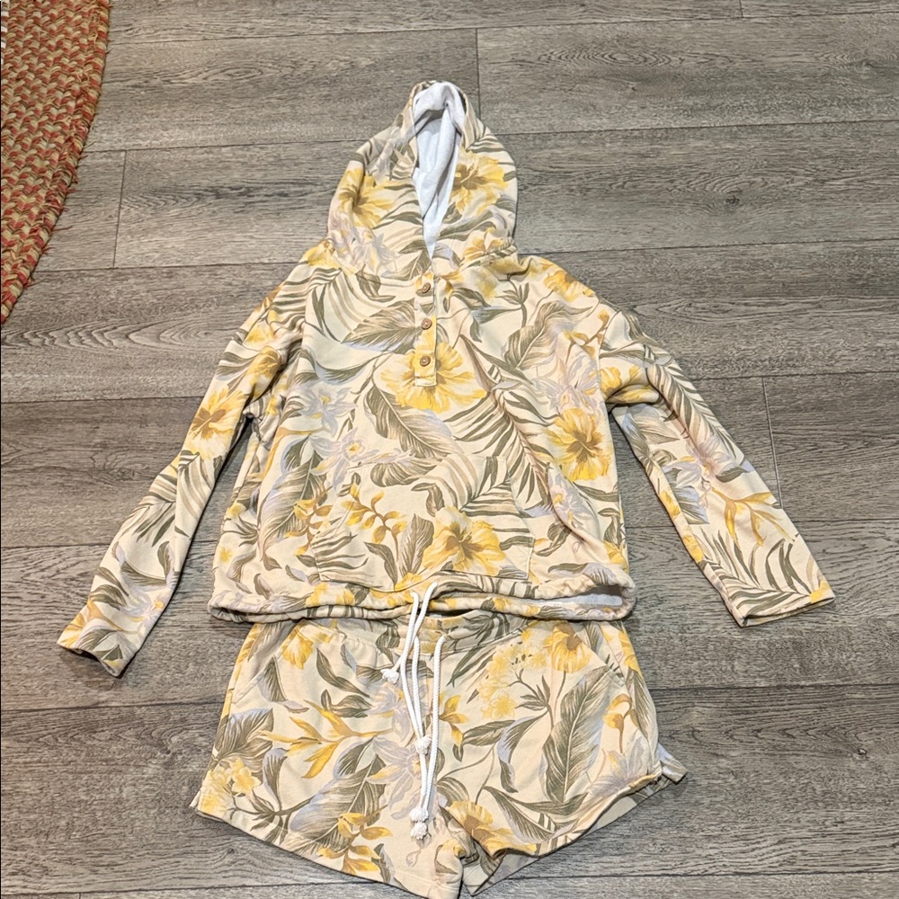 Old Navy Yellow Floral Hooded Sweatshirt and Shorts Set